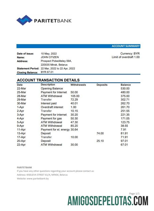 Belarus Paritet Bank Statement Xls amostra